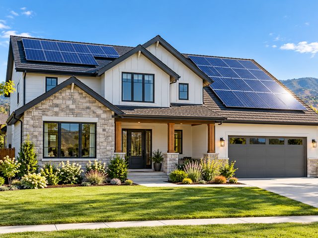 Casa con paneles solares instalados en el techo, bajo un cielo despejado