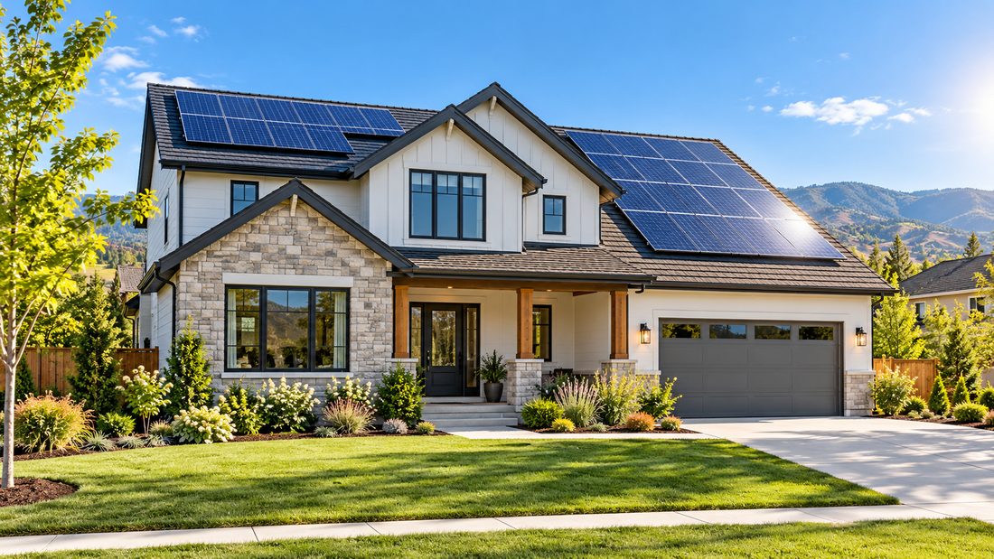 Vivienda familiar con paneles solares instalados en el techo, bajo un cielo despejado