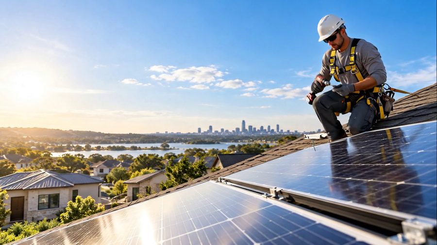 Instalador de PoweRoof fijando paneles solares en el techo de una casa