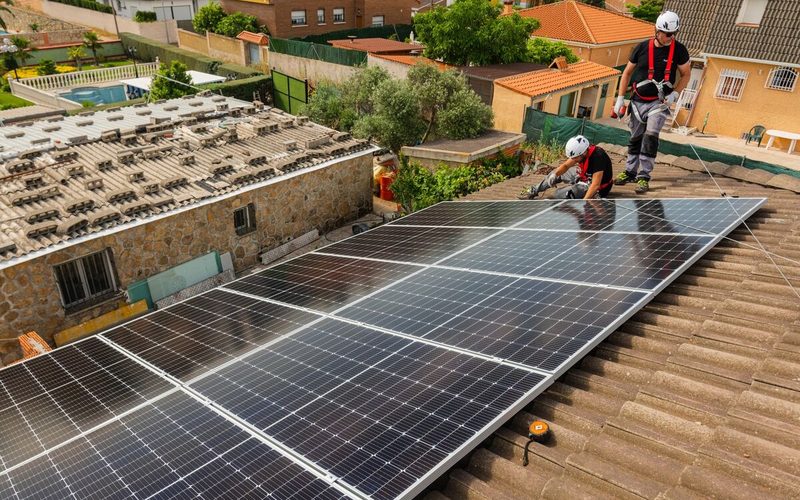Dos instaladores terminando un sistema de paneles solares en el techo de una vivienda