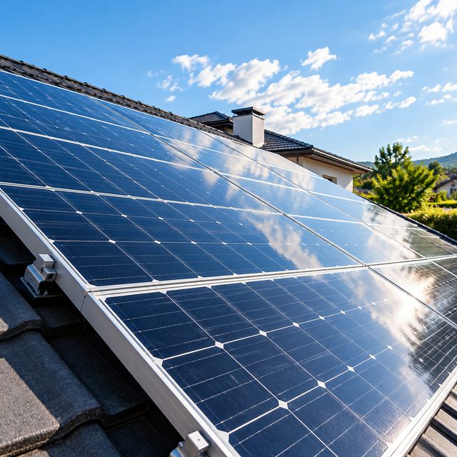 Primer plano de paneles solares instalados en el techo de una vivienda